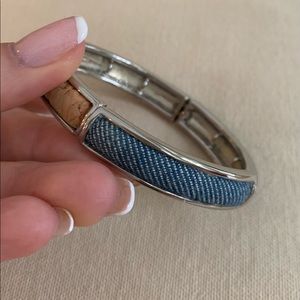 Silver tone cork and denim bracelet